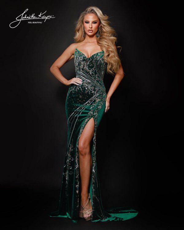 Johnathan Kayne Style 3208 in Emerald — a velvet evening gown featuring intricate crystal embroidery, a sculpted sweetheart neckline, thigh-high slit, and fitted mermaid silhouette; perfect for pageants and red carpet events.